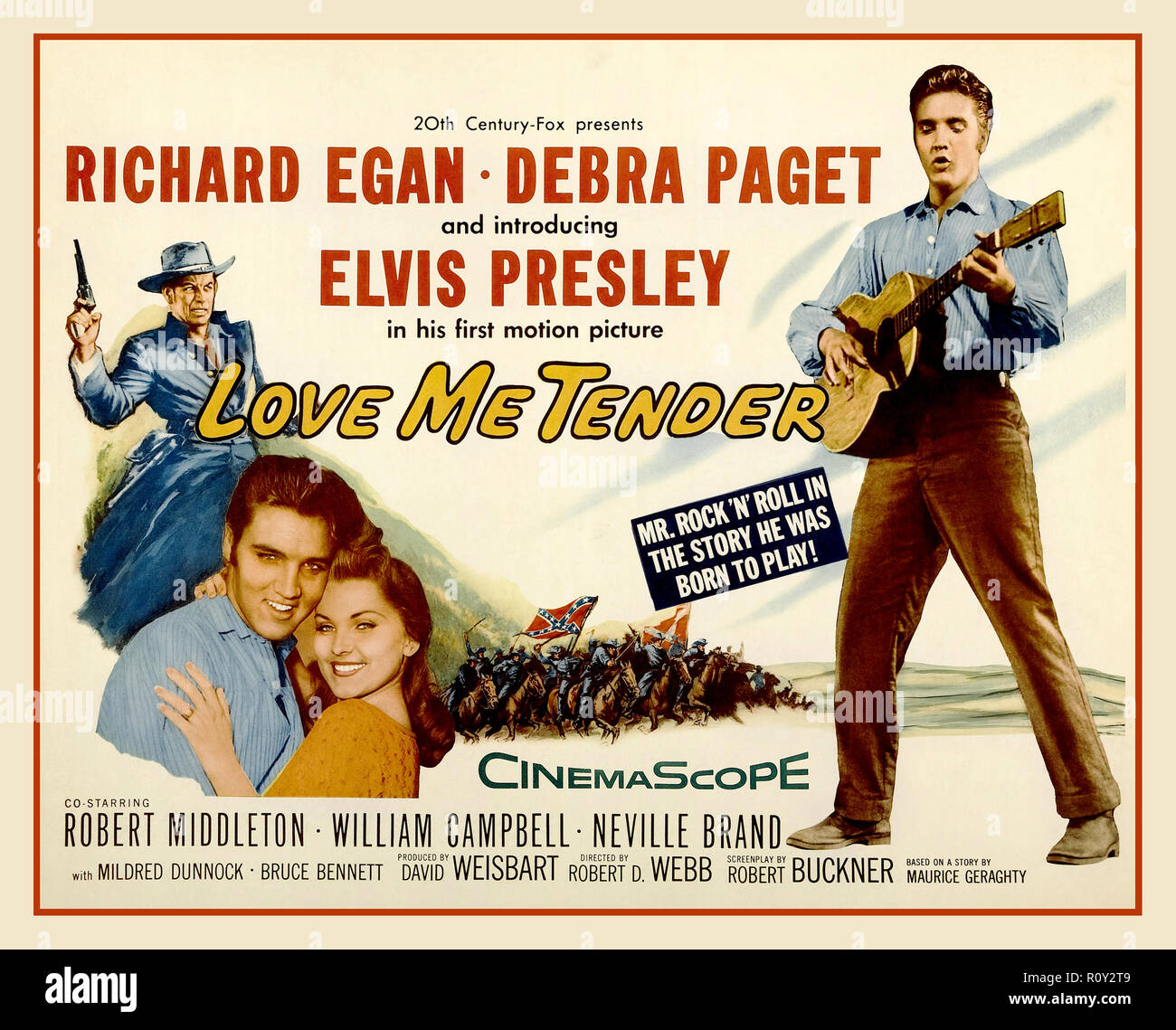 ELVIS PRESLEY  'Love me Tender' vintage movie poster 'Love Me Tender' is a 1956 song recorded by Elvis Presley and published by Elvis Presley Music from the 20th Century Fox film of the same name. The words and music are credited to Ken Darby under the pseudonym 'Vera Matson', the name of his wife, and Elvis Presley. The RCA Victor recording by Elvis Presley was no.1 on both the Billboard and Cashbox charts in1956. Stock Photo