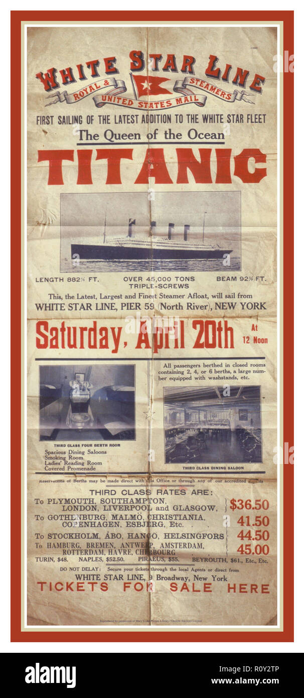 Vintage RMS Titanic poster advertising the return voyage of the Titanic, scheduled to leave New York on 20 April, 1912.  The voyage didn’t take place due to its tragic sinking Stock Photo