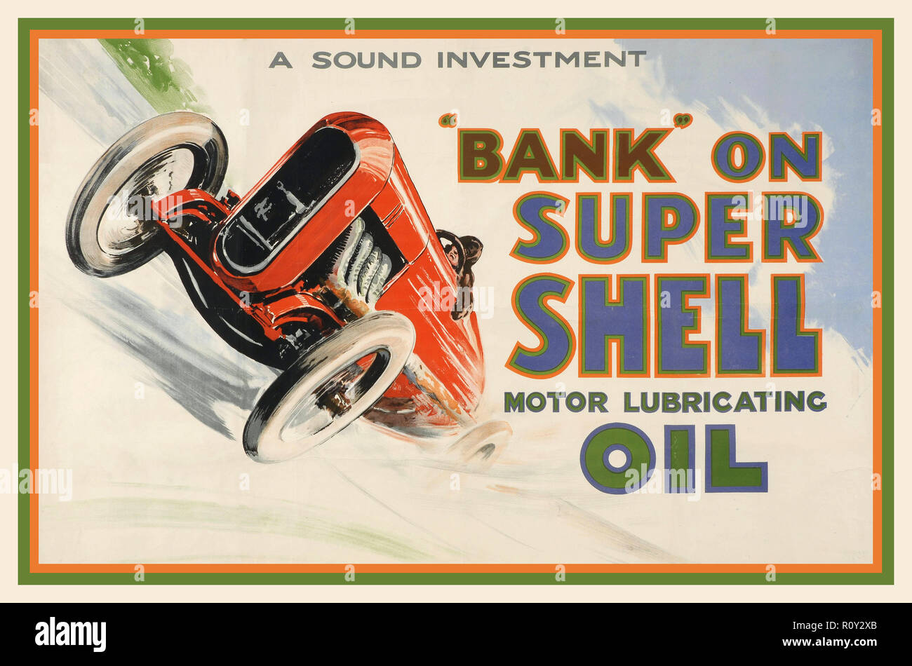 SHELL OIL 1924 vintage advertisement by artist Norman Keene was an early poster promoting use of Shell oil during the glamorous ‘Roaring Twenties' era of motor racing. Stock Photo