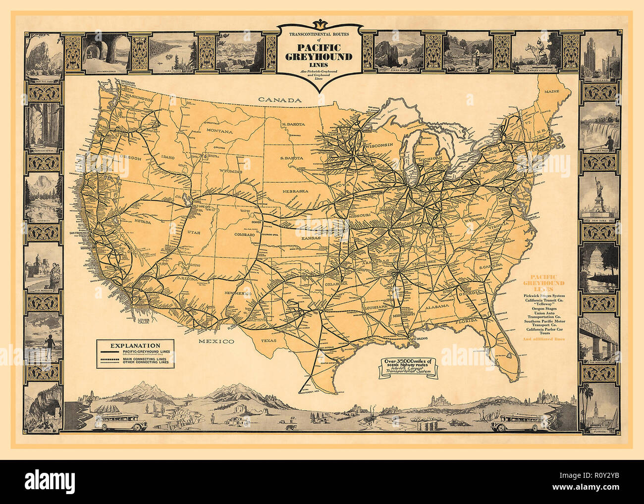 Vintage historic USA map of American Pacific Greyhound Bus Transport Route, 1930 USA Stock Photo