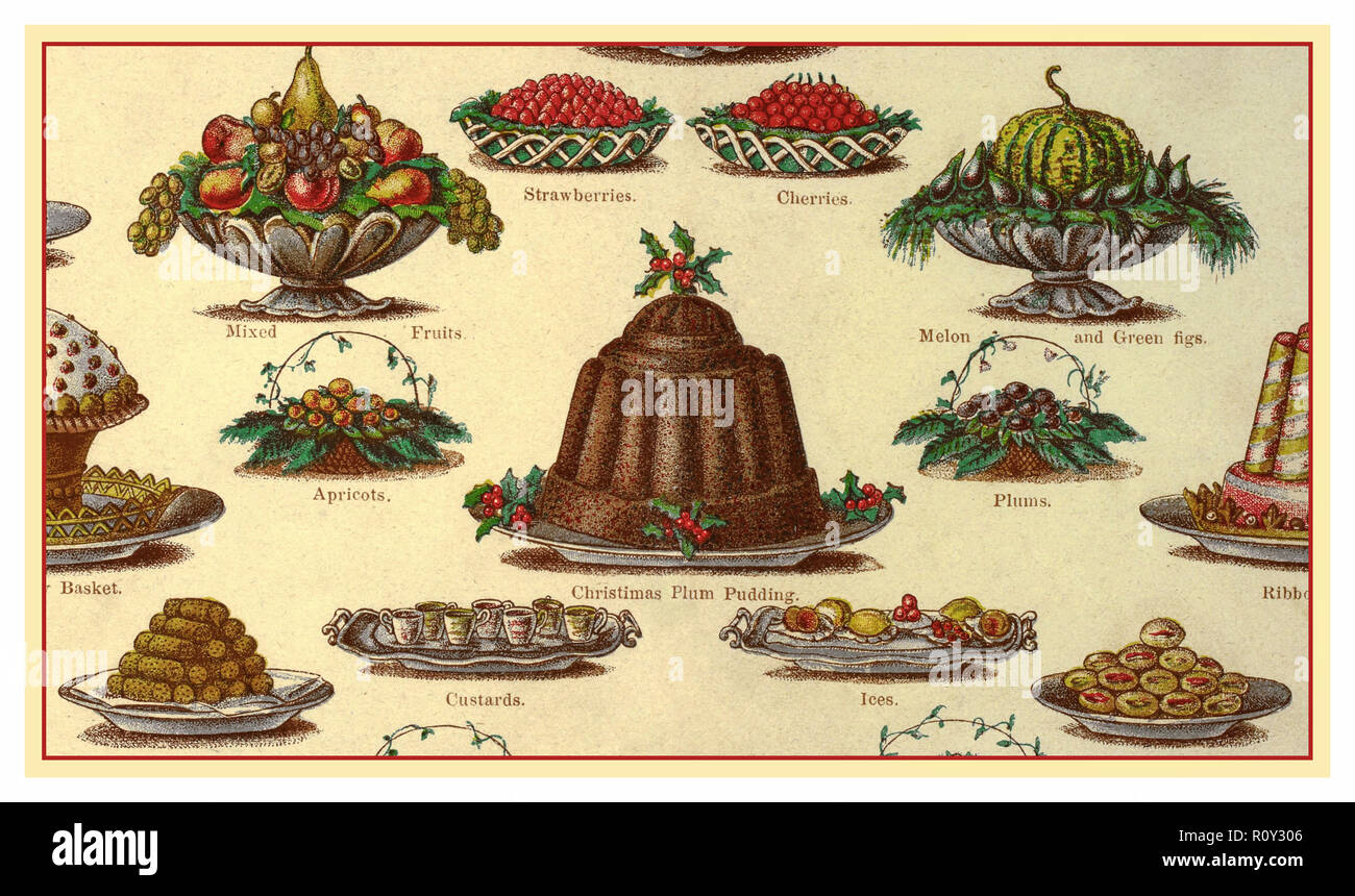 VICTORIAN CHRISTMAS FOOD PLUM PUDDINGS DESSERTS CAKE VINTAGE MRS BEETON'S Colour lithograph from Mrs Beetons Cookery Book illustrating wide variety of English Christmas Victorian Puddings 1800s-1900s Stock Photo