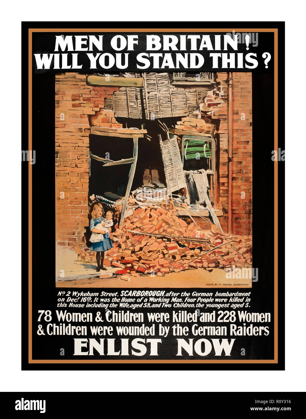 Vintage WW1 Propaganda recruitment poster relating to the bombing of Scarborough UK World War 1 'Enlist Now' Stock Photo
