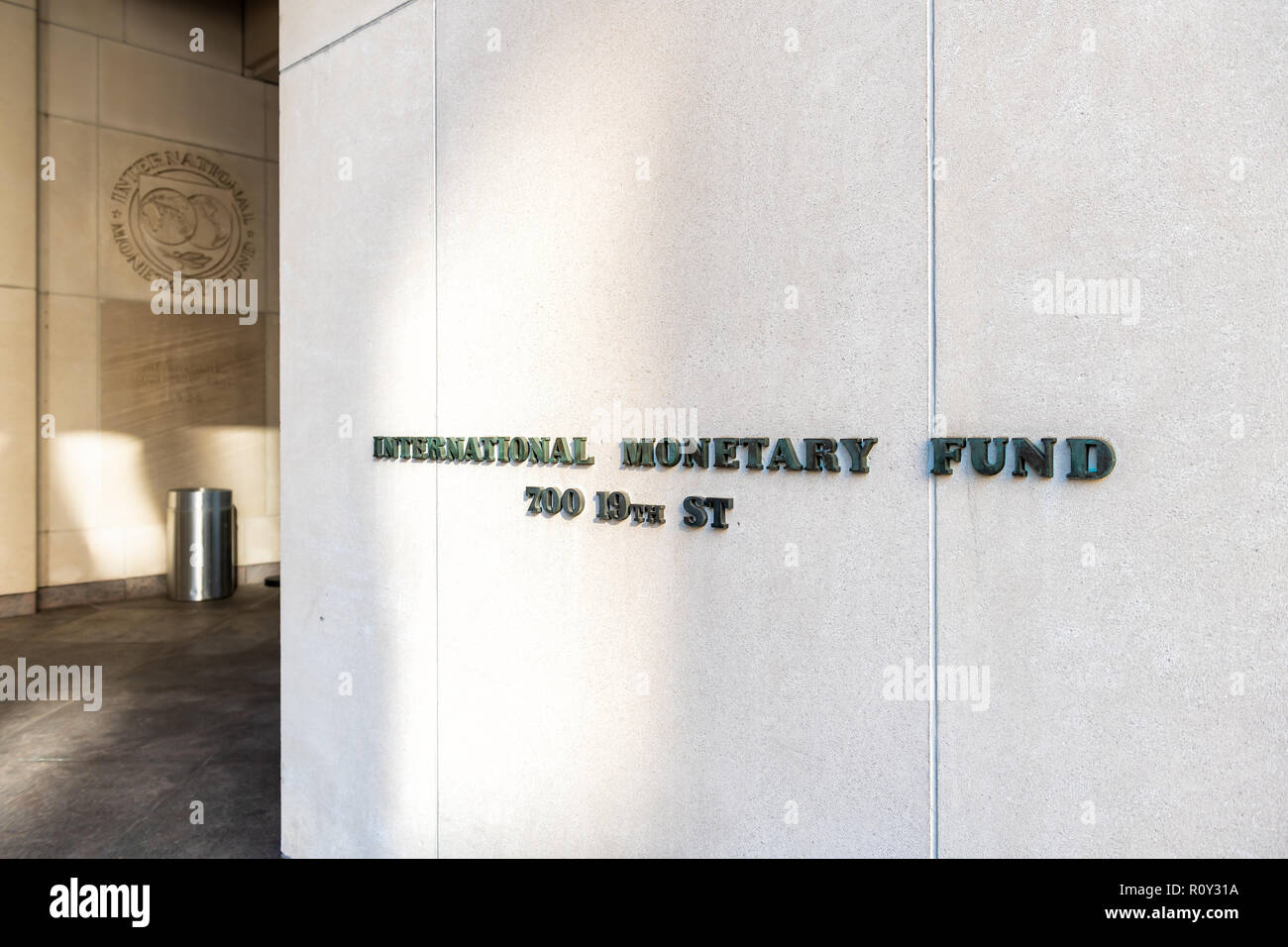 Washington DC, USA - March 9, 2018: IMF entrance with sign of International Monetary Fund, logo with nobody, no people Stock Photo