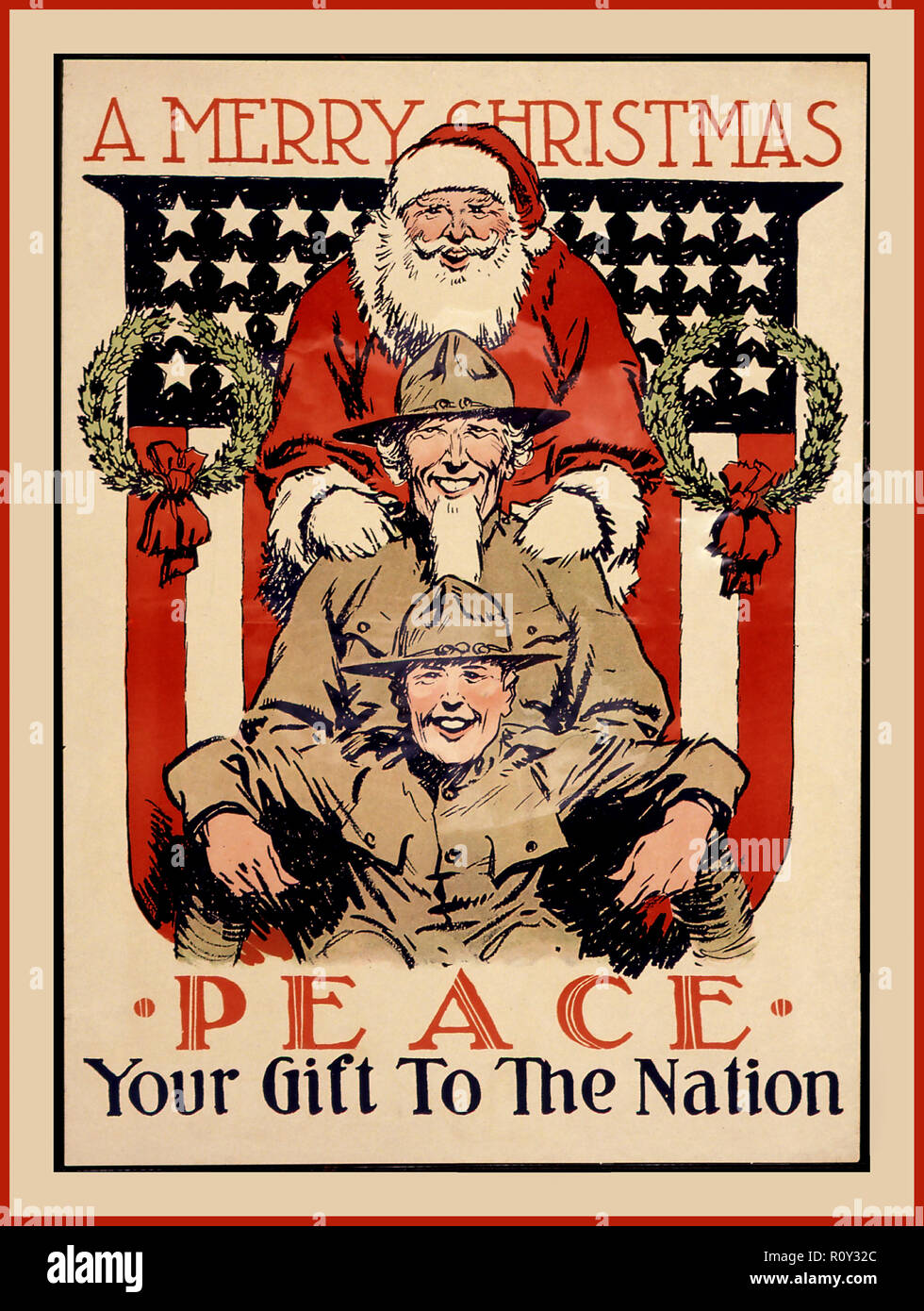 WWI A MERRY CHRISTMAS  *PEACE*  'your gift to the nation' USA PROPAGANDA POSTER 1915 American troops with a Father Christmas and the Stars and Stripes Flag as a background First World War World War One Stock Photo