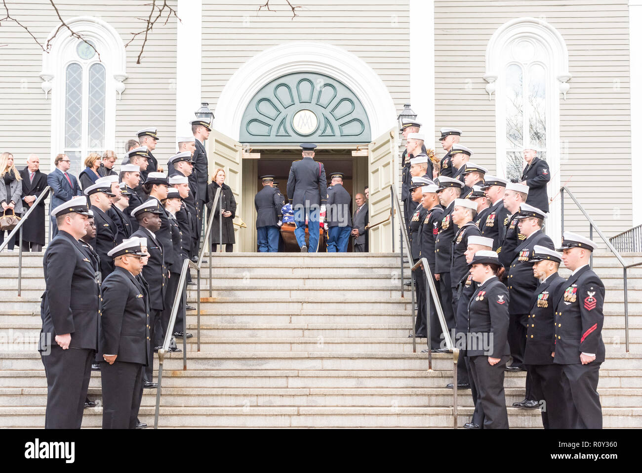 Military funeral procession at the Holy Family Parish in Concord, Mass for Medal of Honor recipient Captain Thomas Hudner. Stock Photo