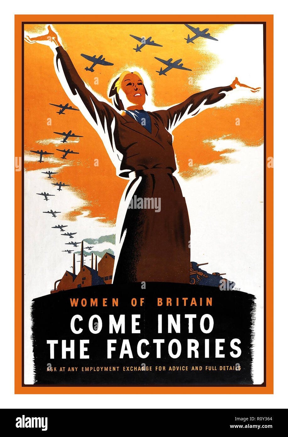 Vintage British Propaganda WW2 Poster UK ”Women of Britain Come into the Factories', a 1941 poster by Philip Zec. Zec was a cartoonist for the Daily Mirror newspaper and known for his socialist viewpoint. Stock Photo