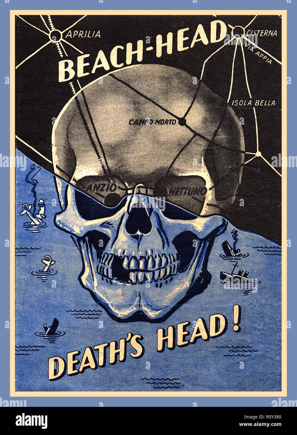ANZIO ALLIED INVASION Nazi Germany WW2 Propaganda poster 'Beach-Head' 'Death's Head'  warning Allied Soldiers that death awaits them at the World War 2 Anzio beach head Italian invasion Italy Stock Photo