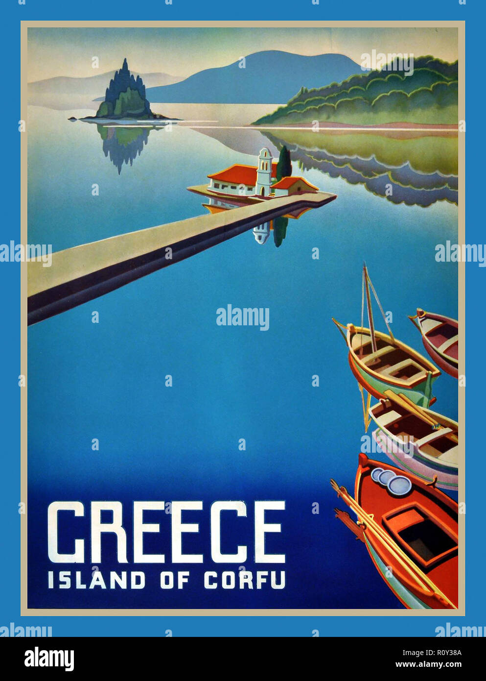 CORFU GREECE Vintage retro 1950's Travel Vacation Holiday Poster Bucolic still reflections water sea boats scene scenery Corfu Greek Island Greece Stock Photo