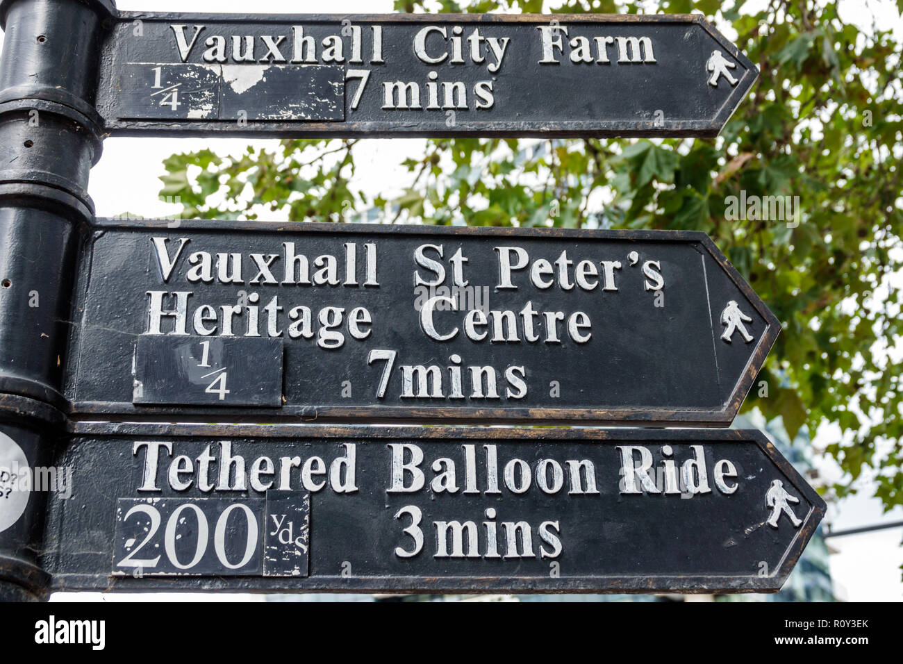 London England,UK,Lambeth Vauxhall,directional post sign,location,arrow,walking distance,Vauxhall City Farm,St. Peter's Heritage Centre,Tethered Ballo Stock Photo