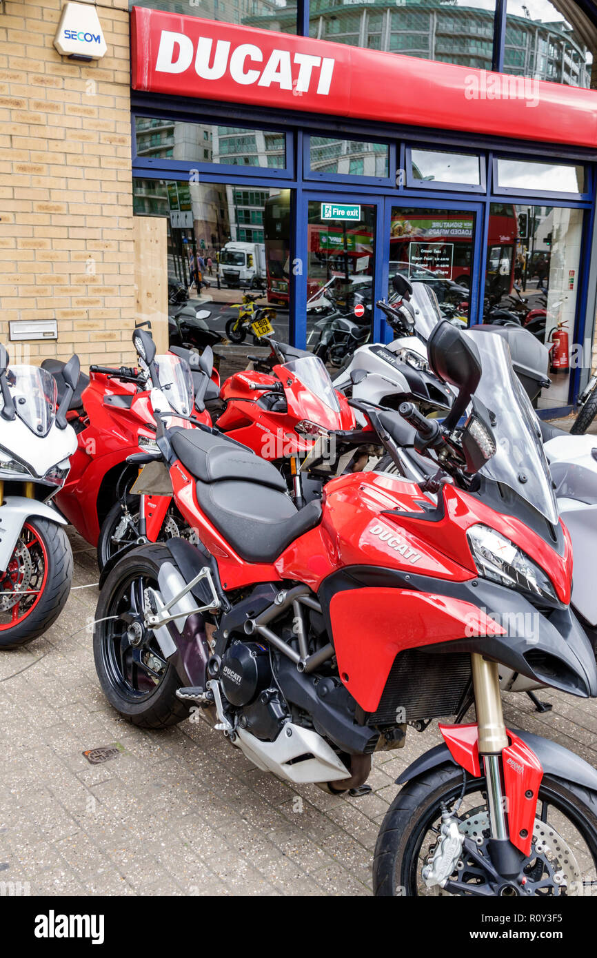 London England,UK,Lambeth Vauxhall,Ducati,sales dealer,store,exterior,Italian motorcycles,sports bikes,Multistrada model,display sale,UK GB English Eu Stock Photo