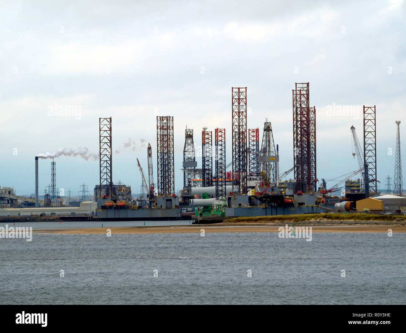 Jack Up drilling rigs at the TERRC Hartlepool facility on the river