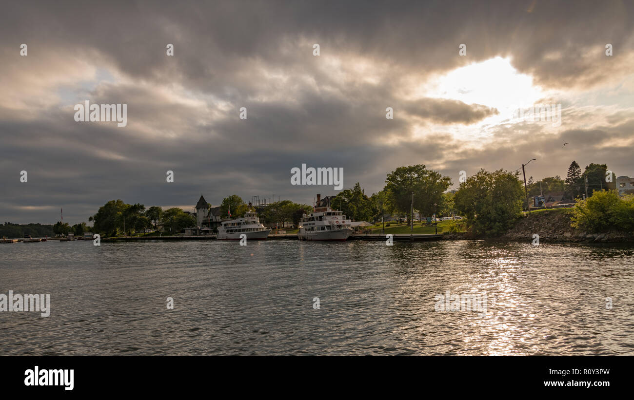 Sunset View of Gananoque from Water, Thousand Islands, Canada Stock Photo