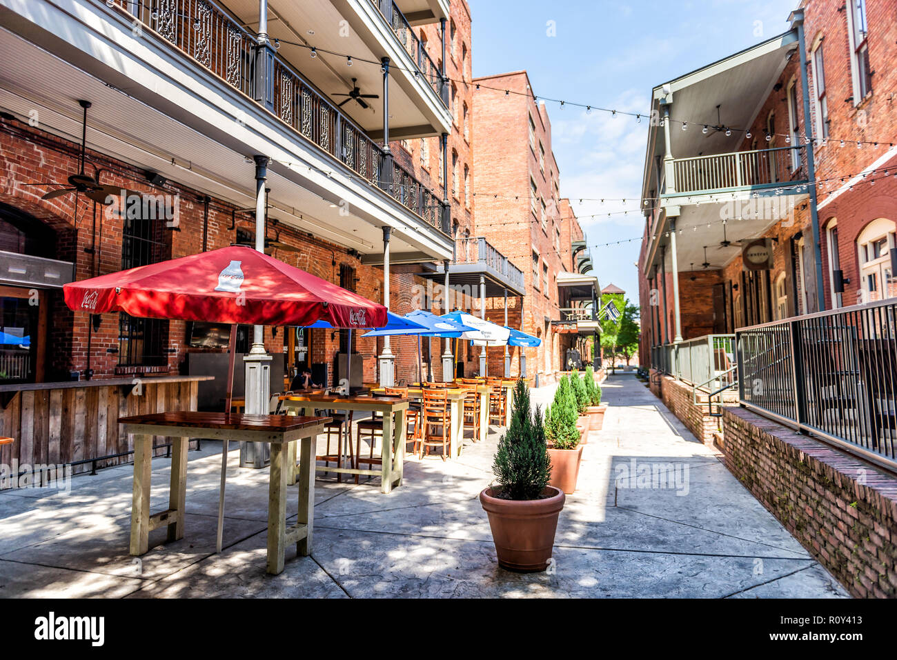 Montgomery, USA April 21, 2018 Brick buildings restaurant on Alley