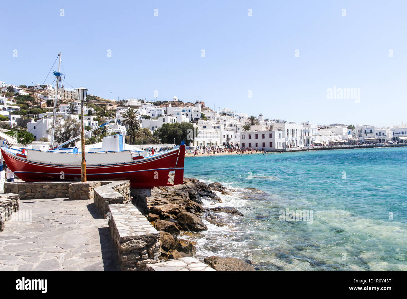 Clear waters of the Mediterranean sea and harbour Chora, Mykonos, Greece Stock Photo