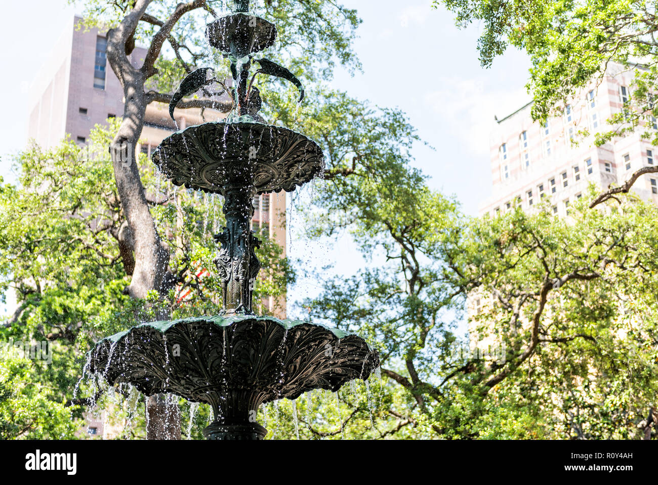 Mobile, USA Old town Bienville square park by street in Alabama famous