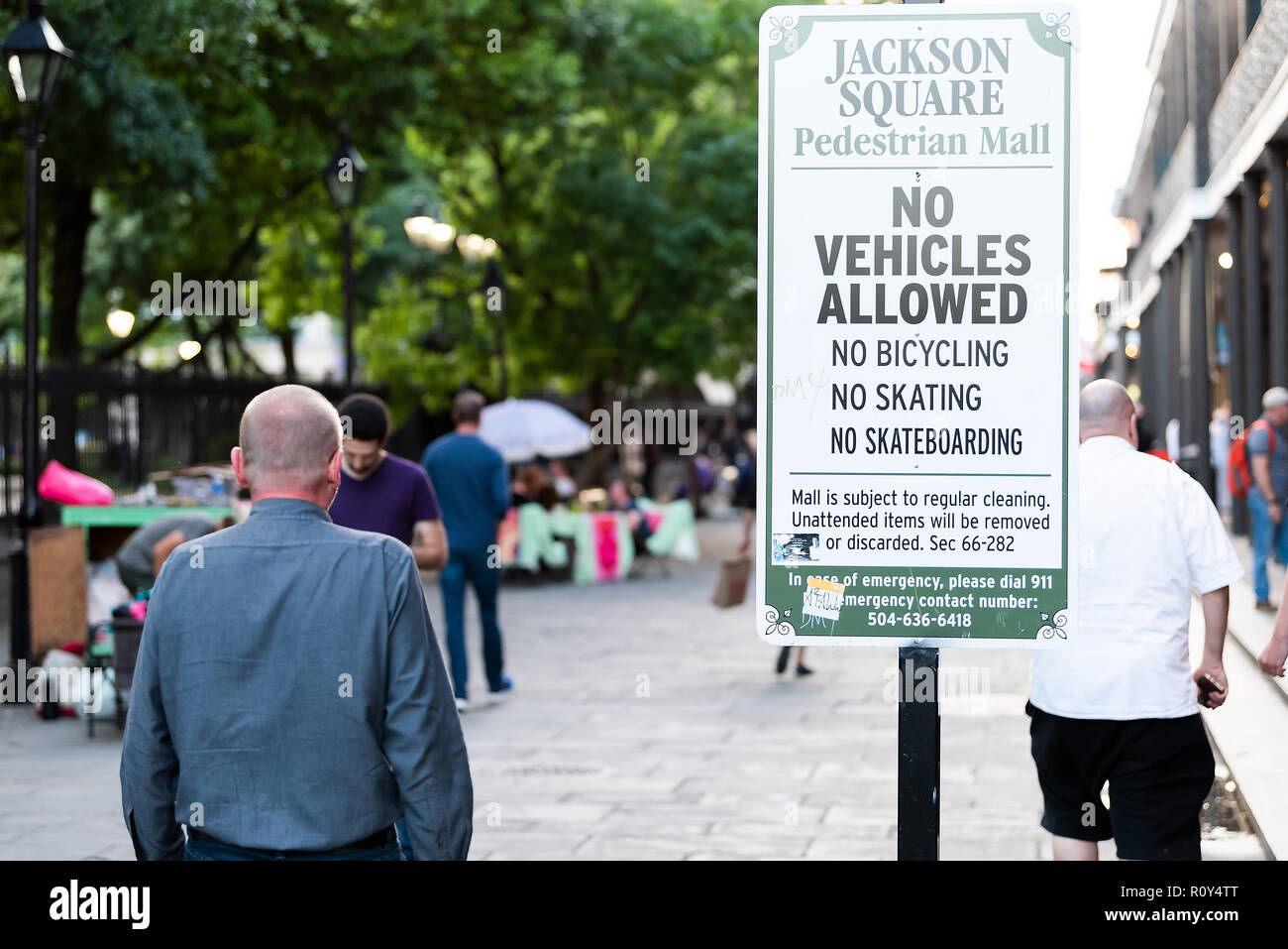 New Orleans, USA - April 22, 2018: Downtown old town St Ann street in Louisiana famous town, city with people walking by Jackson Square Pedestrian Mal Stock Photo