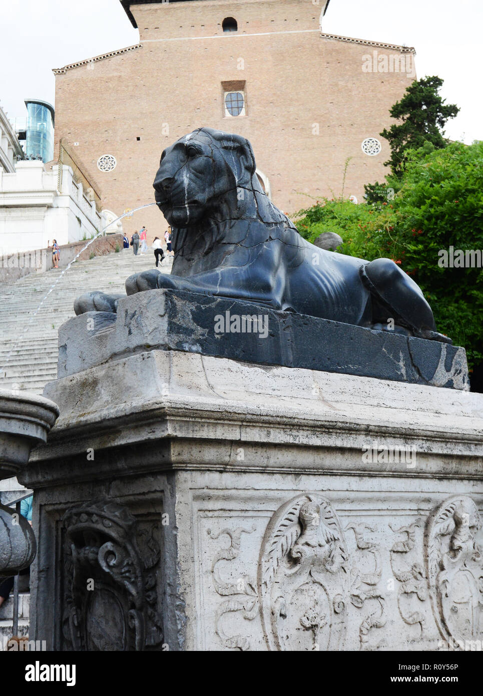Egyptian lions in Basalt at the foot of the Capitoline hill in Rome. Stock Photo