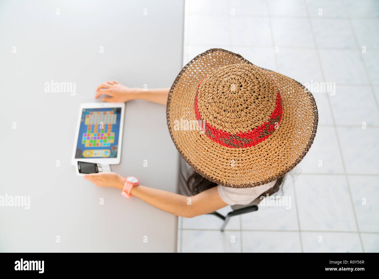 student working with tablet in library Stock Photo