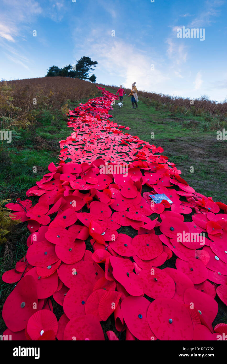 Symondsbury, Dorset, UK.  7th November 2018. UK Weather.   A mother and daughter with their dog walk beside a river of poppies on the path to the top of Colmers Hill at Symondsbury near Bridport in Dorset to mark the 100th anniversary of the end of World War One this weekend.  Picture Credit: Graham Hunt/Alamy Live News Stock Photo