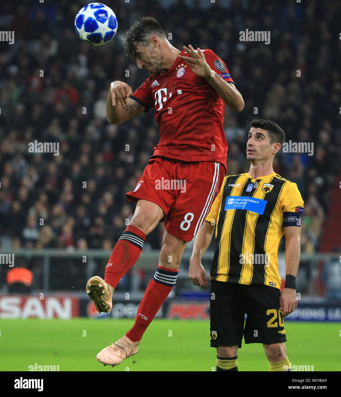 Munich, Germany. 7th Nov, 2018. Bayern Munich's Javi Martinez (top)  competes during a 4th round match of group E in the UEFA Champions League  between Bayern Munich of Germany and AEK Athens