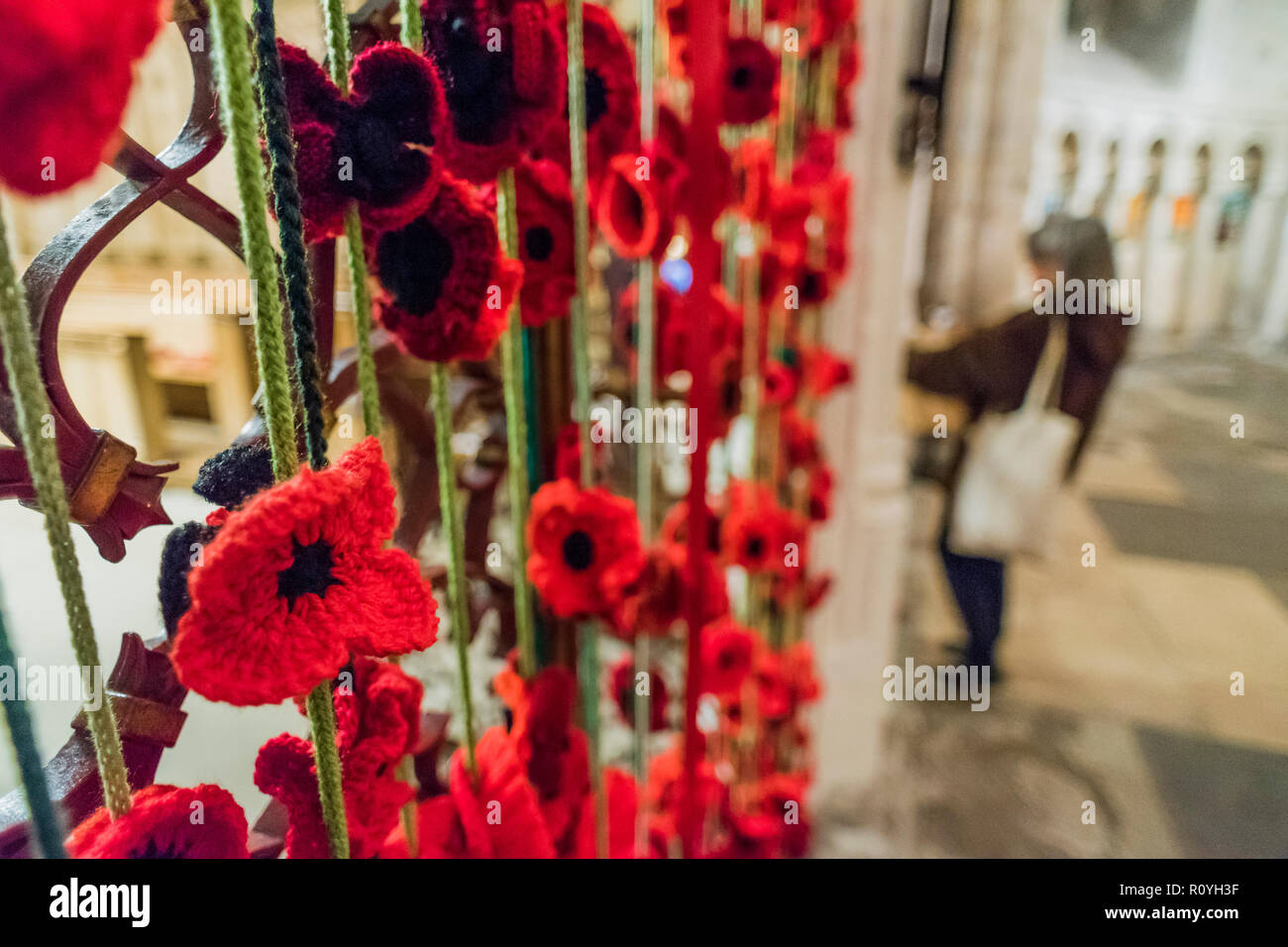 Norwich, UK. 7th November, 2018. We will remember them - A curtain of poppies shrouds the entrance to St saviours Chapel which houses memorials to the fallen of the Norfolk Regiment - inspired by the ladies of the Knapton Knitters. Evensong attended by the Archbishop of Canterbury and the Bishop of Norwich, on the theme of reconciliation, in Norwich Cathedral. Credit: Guy Bell/Alamy Live News Stock Photo