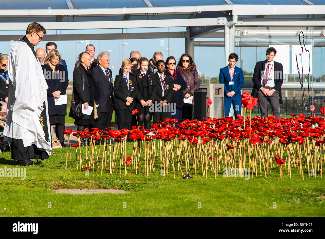 London Southend Airport, Essex, UK. To mark the centenary of the end of World War One a commemorative garden has been opened outside the terminal at London Southend Airport consisting of 2000 red ceramic poppies made by hundreds of children from 25 Southend schools. The airport served as RAF Rochford during both World Wars Stock Photo