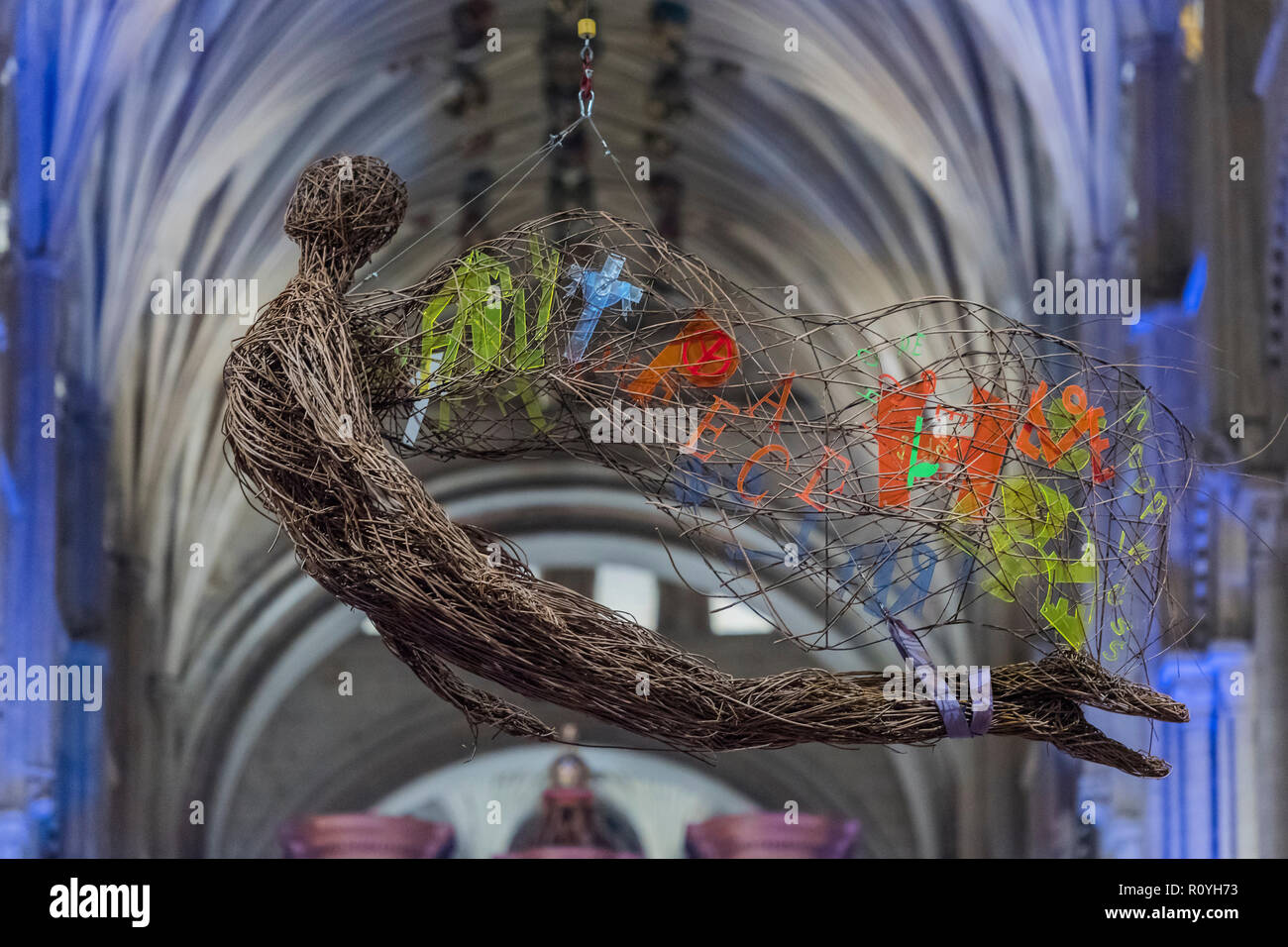 Wicker Angel Norwich, UK. 7th November, 2018. The wicker sensing angel hangs from ...