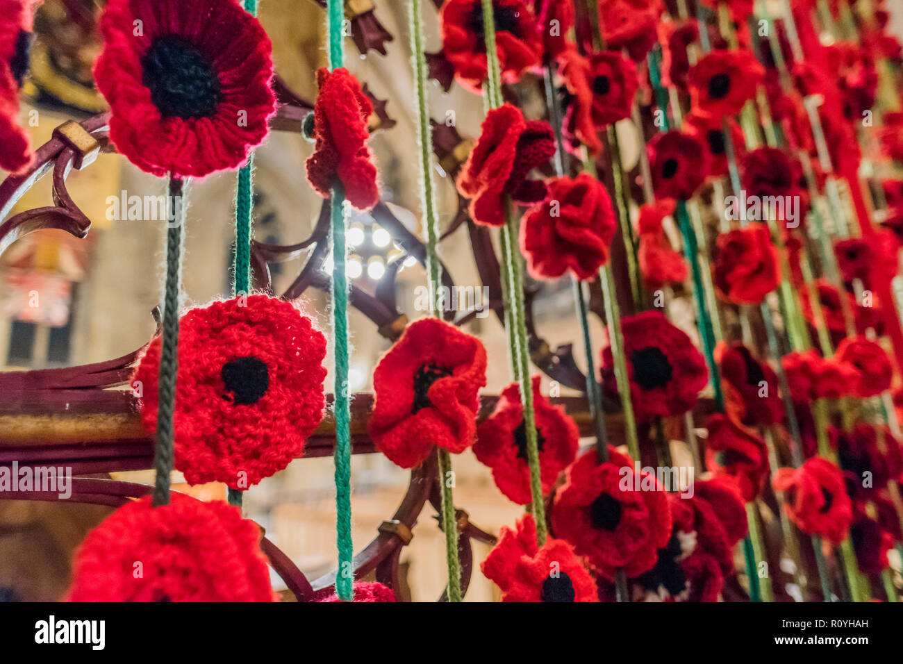 Norwich, UK. 7th November, 2018. We will remember them - A curtain of poppies shrouds the entrance to St saviours Chapel which houses memorials to the fallen of the Norfolk Regiment - inspired by the ladies of the Knapton Knitters. Evensong attended by the Archbishop of Canterbury and the Bishop of Norwich, on the theme of reconciliation, in Norwich Cathedral. Credit: Guy Bell/Alamy Live News Stock Photo