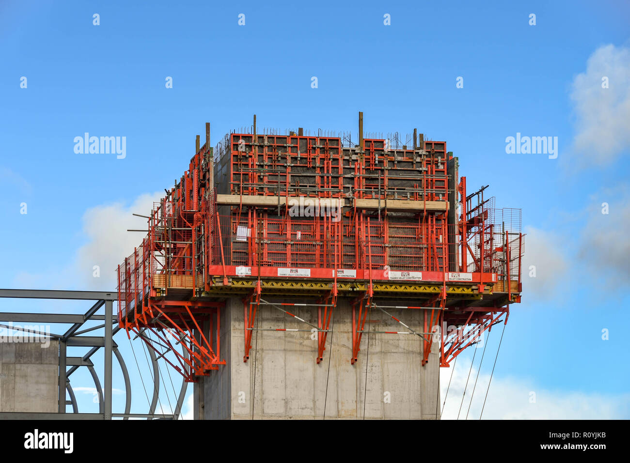 PONTYPRIDD, WALES - OCTOBER 2018: Steel shuttering and supports fixed to the concrete elevator shaft of a new building on a site in Pontypridd town ce Stock Photo
