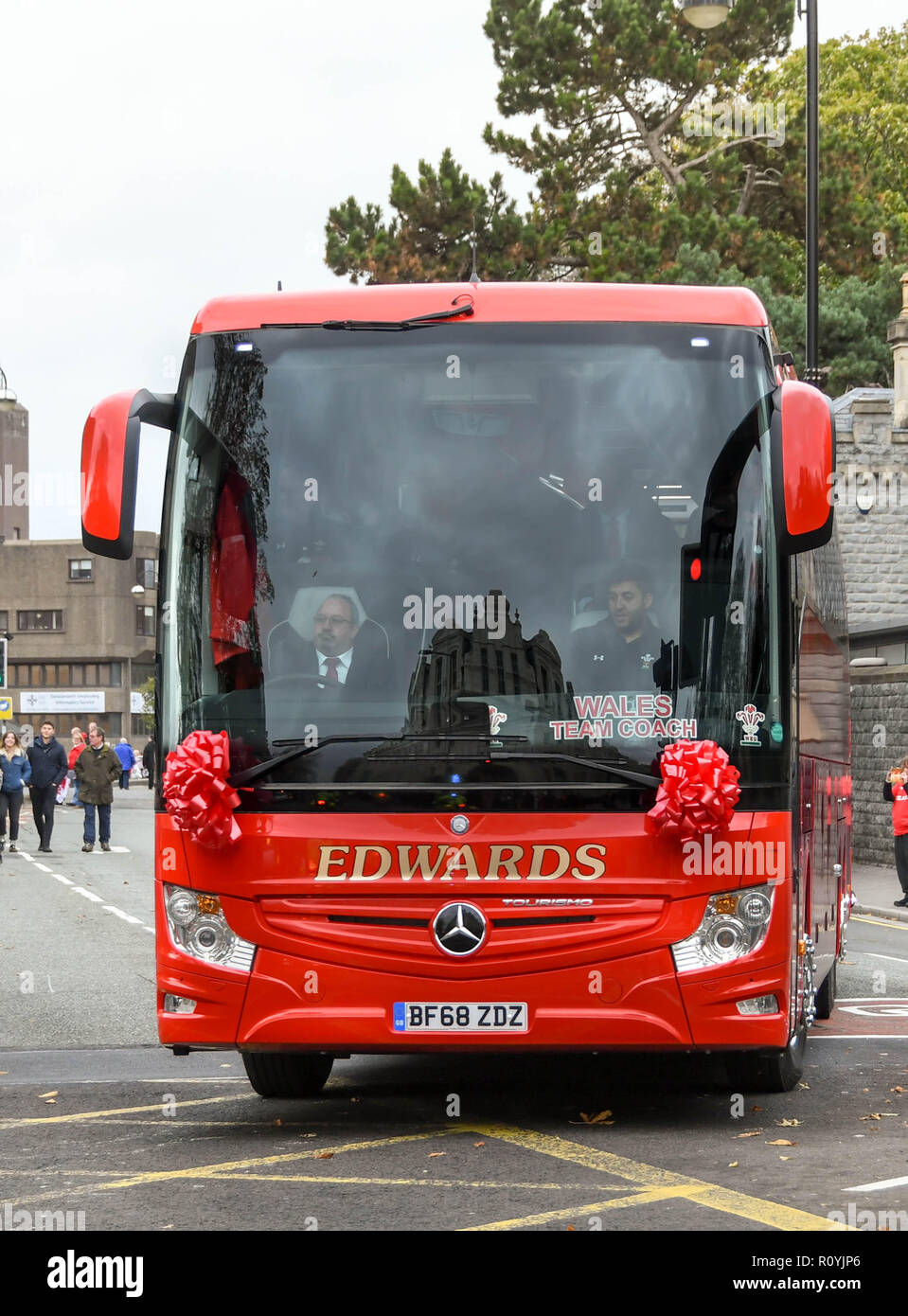 CARDIFF, WALES - NOVEMBER 2018: Brand new bus operated by Edwards Coaches carrying the Welsh Rugby Team arriving in Cardiff city centre for an interna Stock Photo