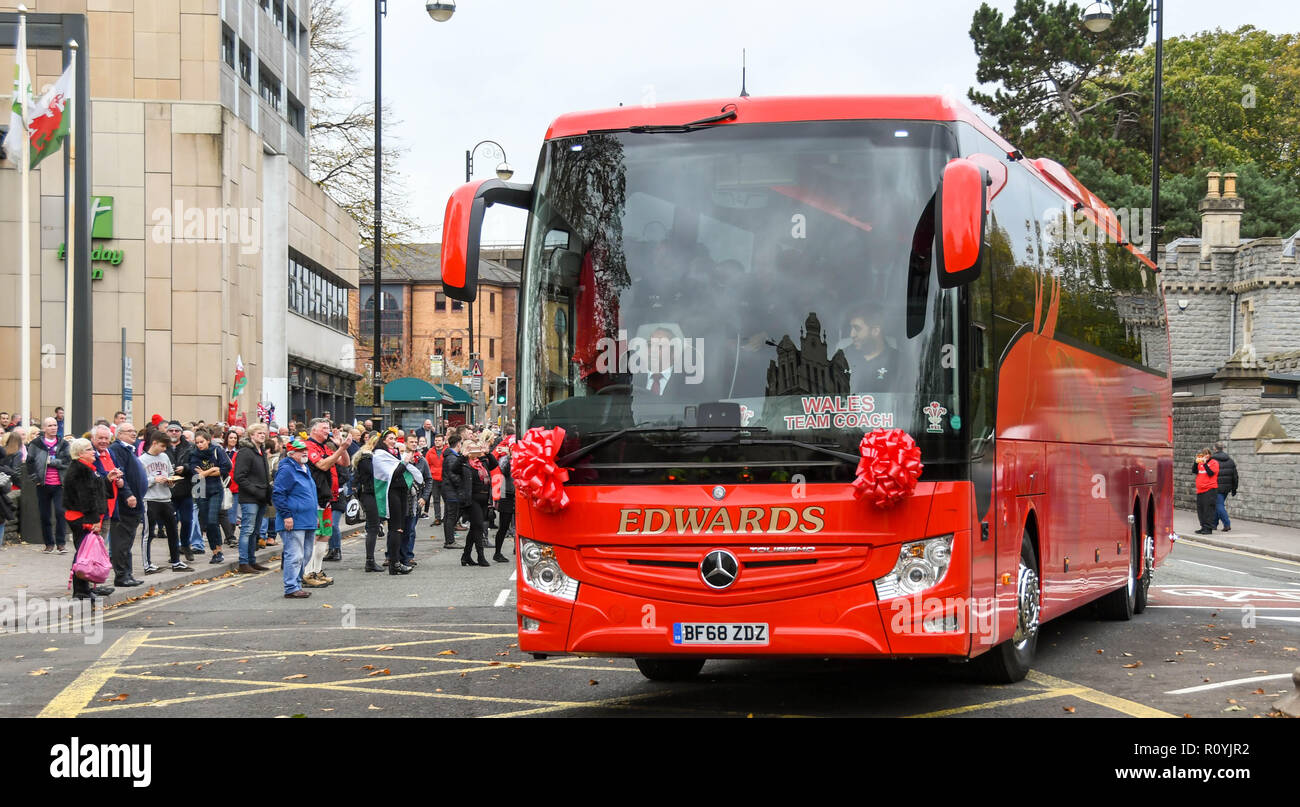 CARDIFF, WALES - NOVEMBER 2018: Brand new bus operated by Edwards Coaches carrying the Welsh Rugby Team arriving in Cardiff city centre for an interna Stock Photo