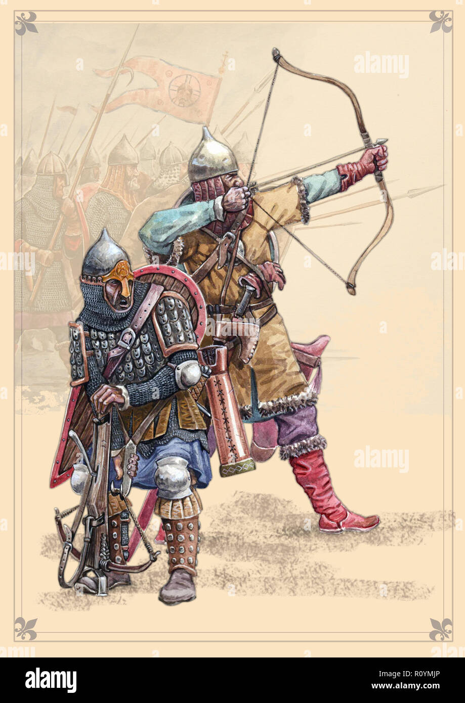 Medieval knights. Russian archer and crossbowman, Peipus lake battle. Historical illustration. Stock Photo