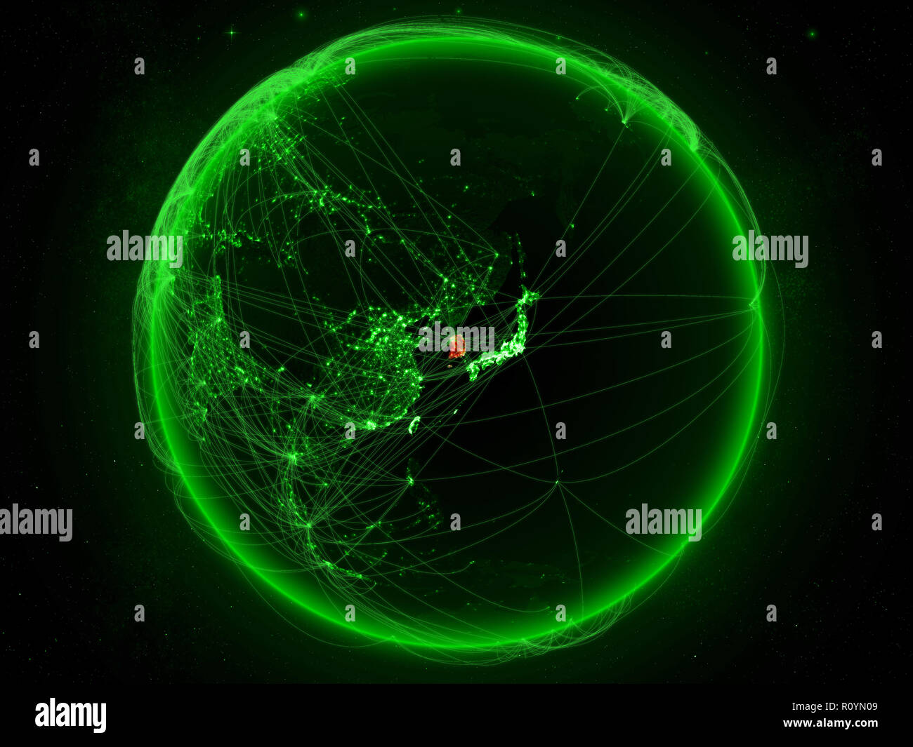 South Korea from space on planet Earth with green network representing ...
