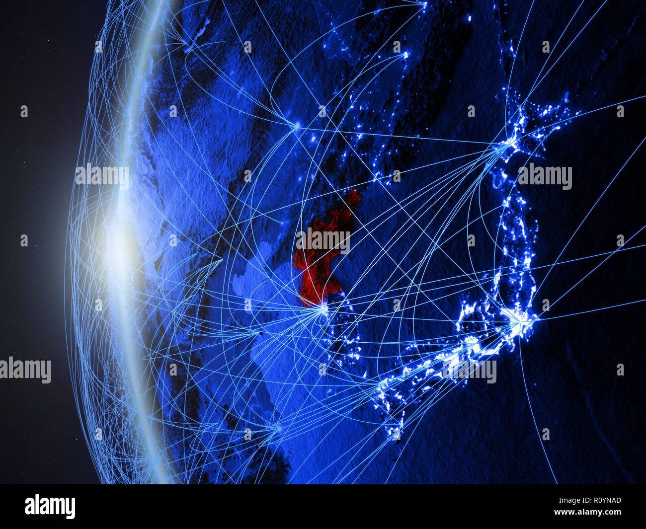 North Korea from space on blue digital model of Earth with ...