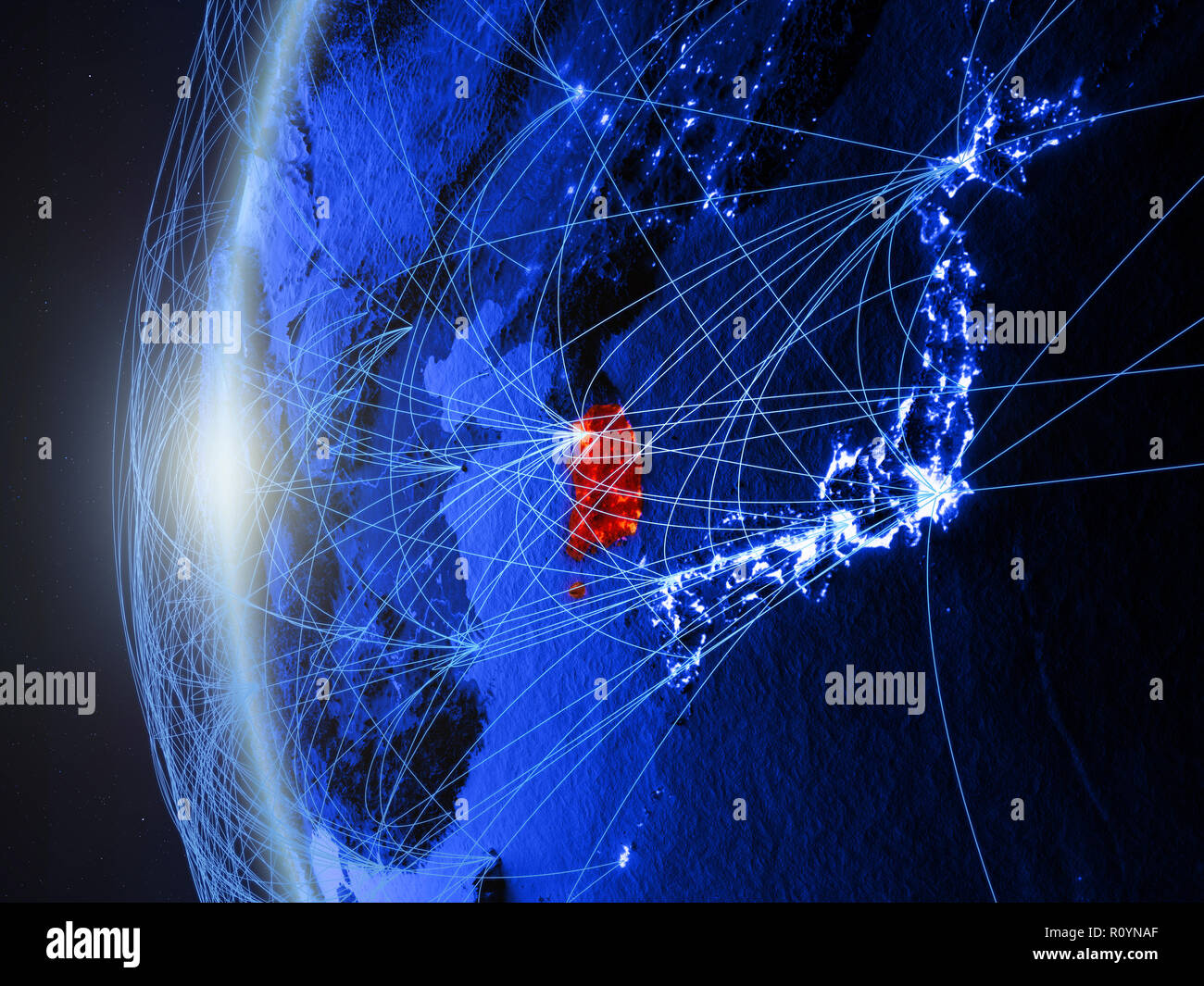 South Korea from space on blue digital model of Earth with ...