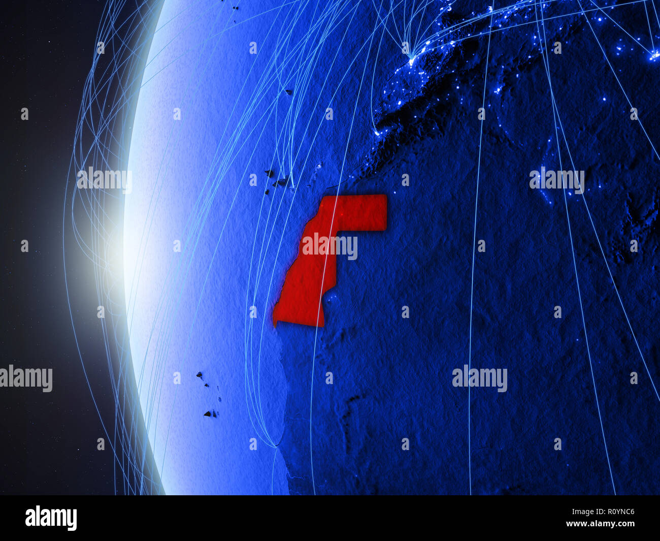 Western Sahara from space on blue digital model of Earth with ...