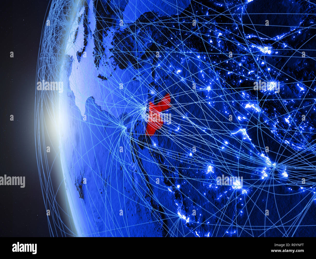Jordan from space on blue digital model of Earth with international ...