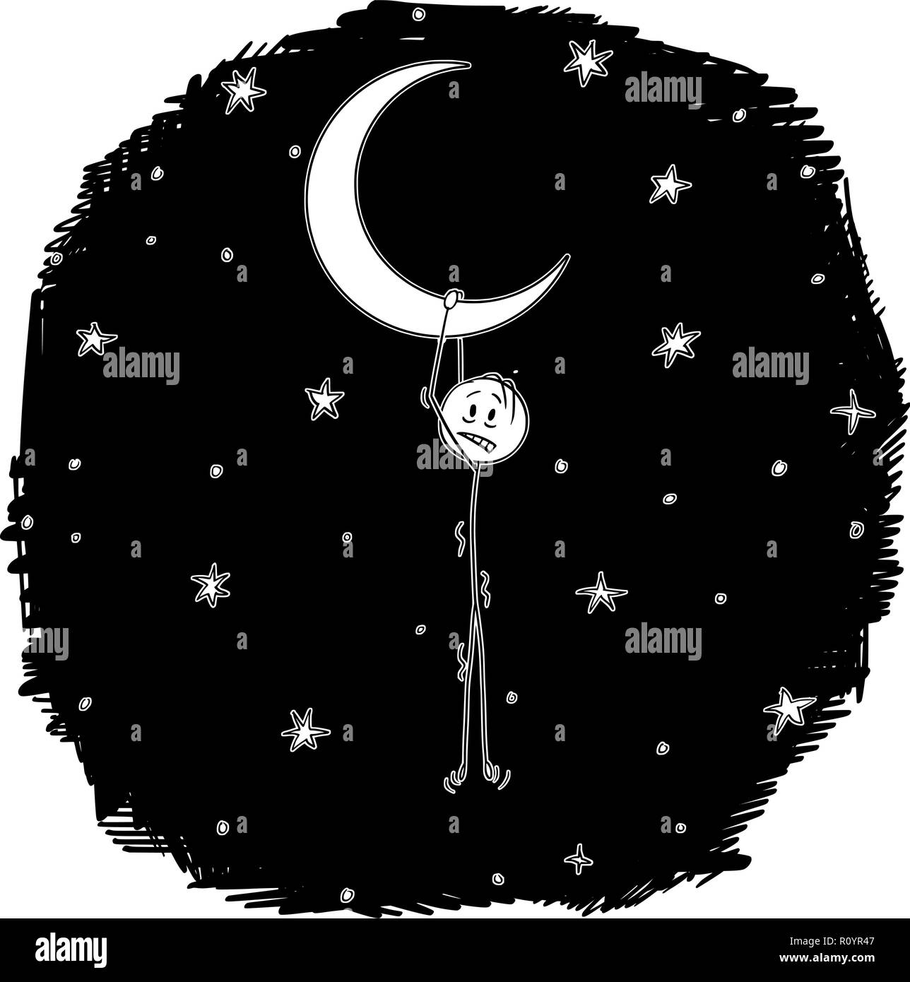 Cartoon of Man Dreamer Hanging on the Crescent or Horned Moon Stock Vector