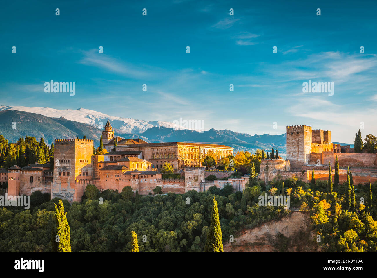 Panorama of the Alhambra from Mirador de San Nicolas. From left to right: Nazaries Palaces, Palace of Charles V and Alcazaba. Granada, And Stock Photo