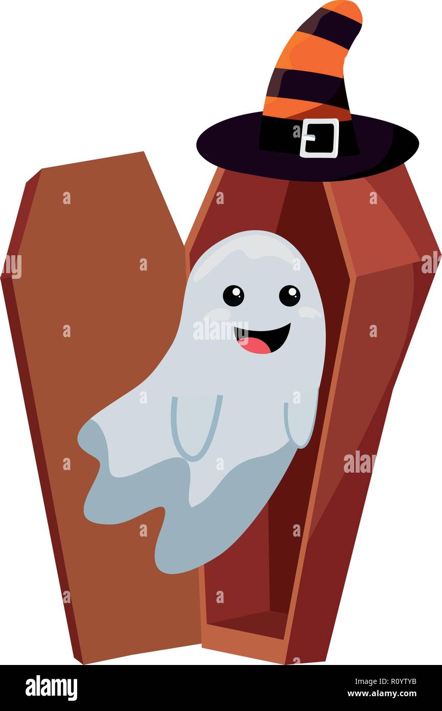 halloween ghost with witch hat and coffin vector illustration Stock ...