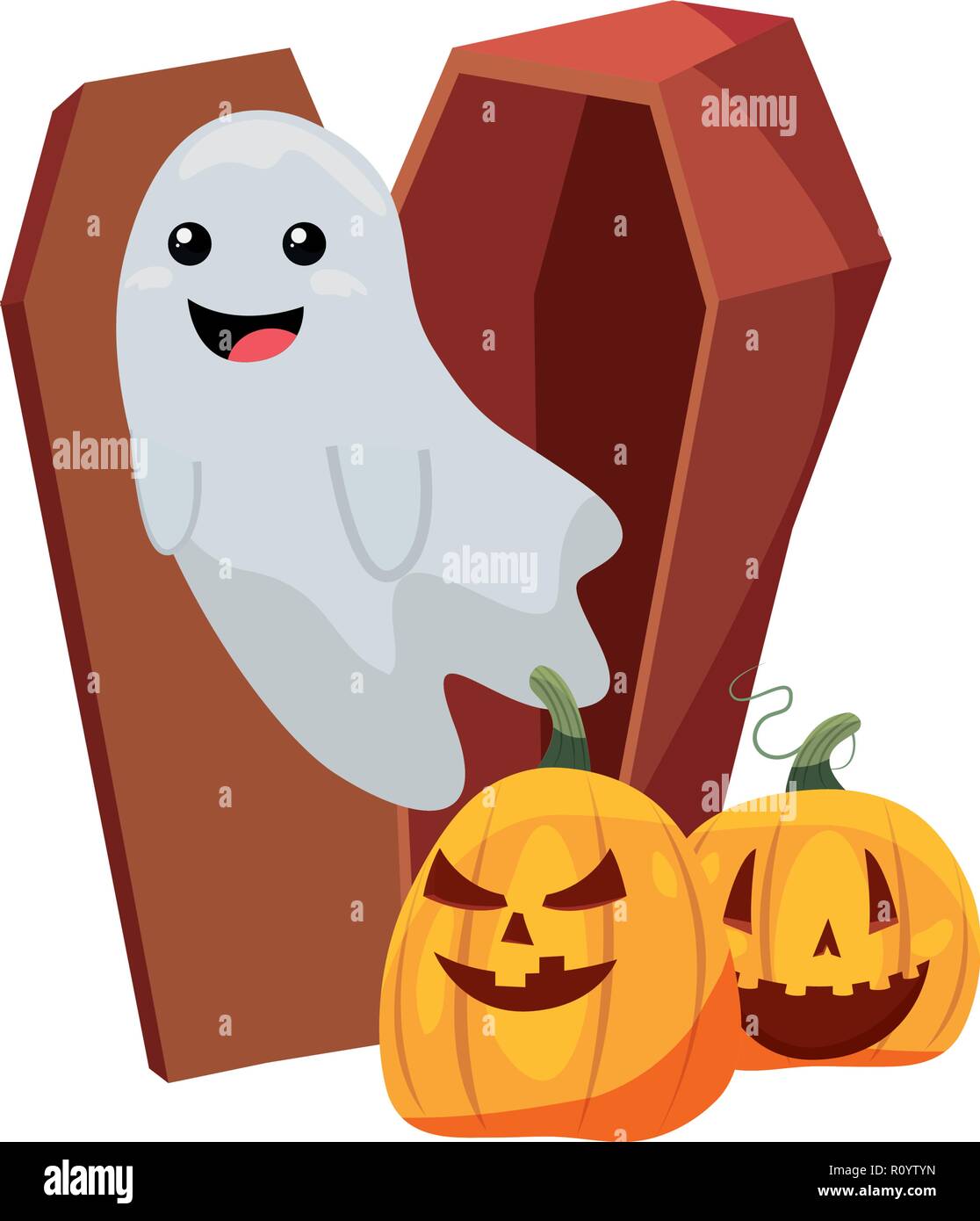 halloween ghost with pumpkin and coffin vector illustration Stock ...