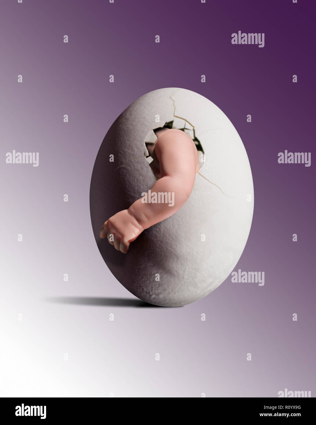 Human baby arm emerging from cracked surrogate egg against graduated background Stock Photo