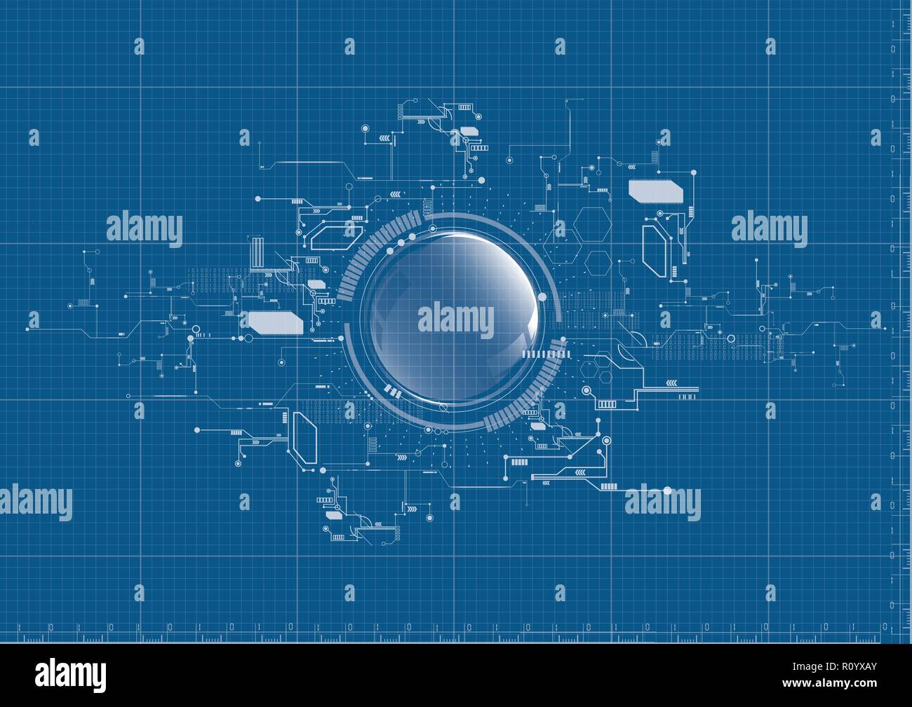 Technological abstract digital technical system blueprint background vector design Stock Vector