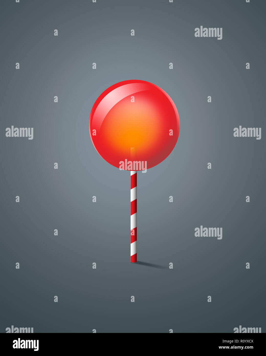 Red lollipop with striped lollipop stick against grey background Stock Photo