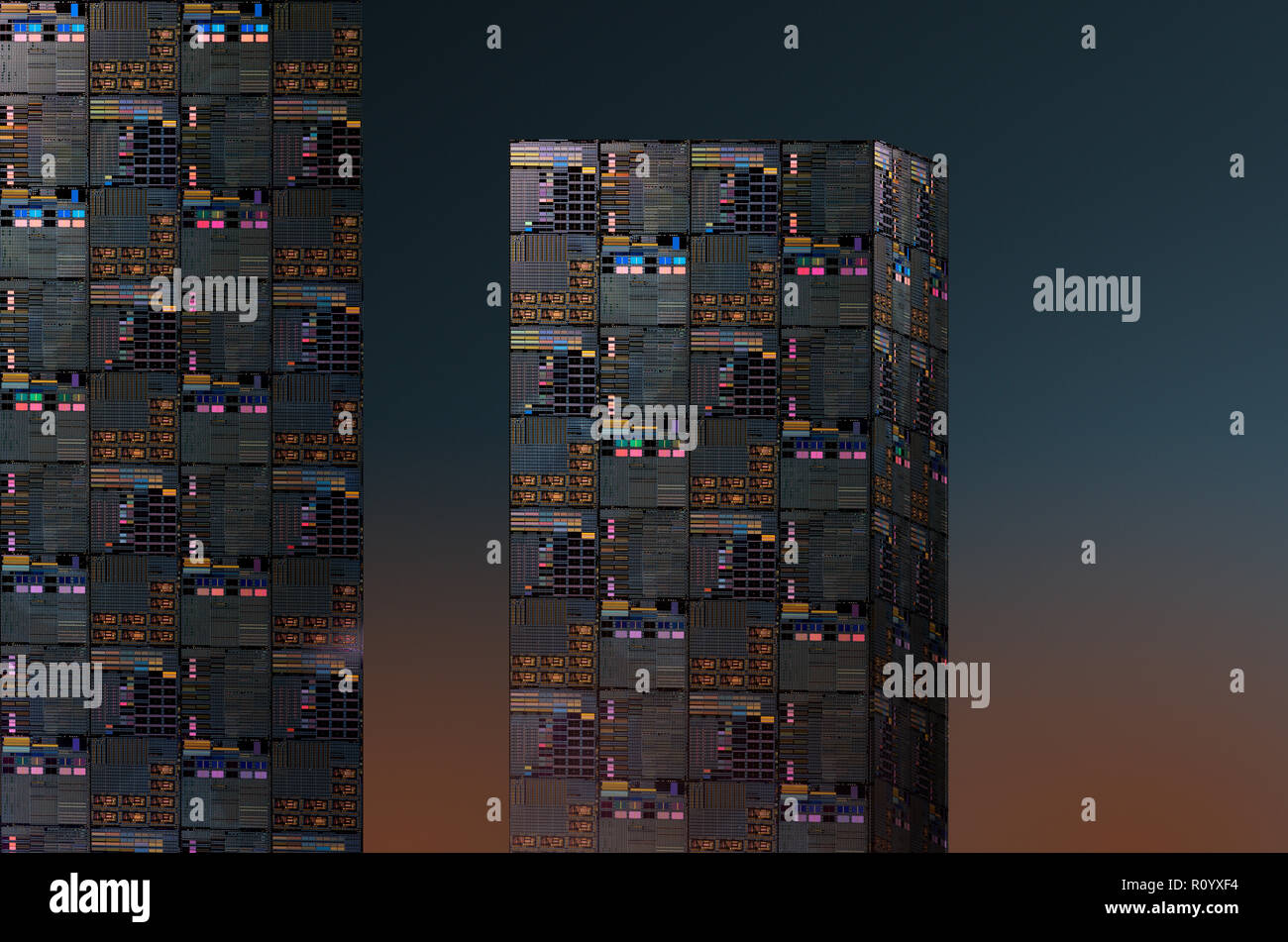 Skyline view with two tower block structures made up of stacked computer servers against graduated sunset background Stock Photo