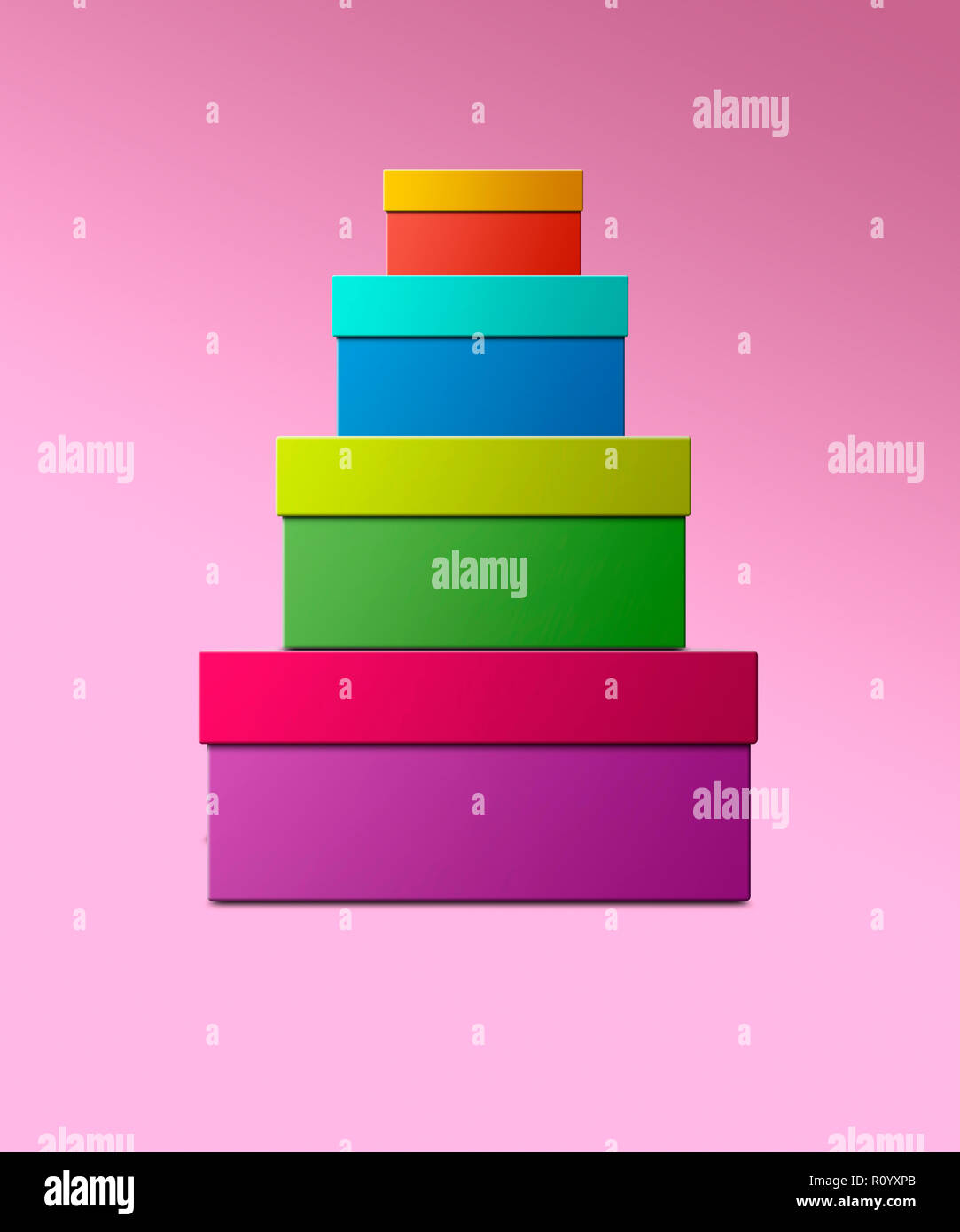 Stack of colourful gift boxes against pink background, still life Stock Photo