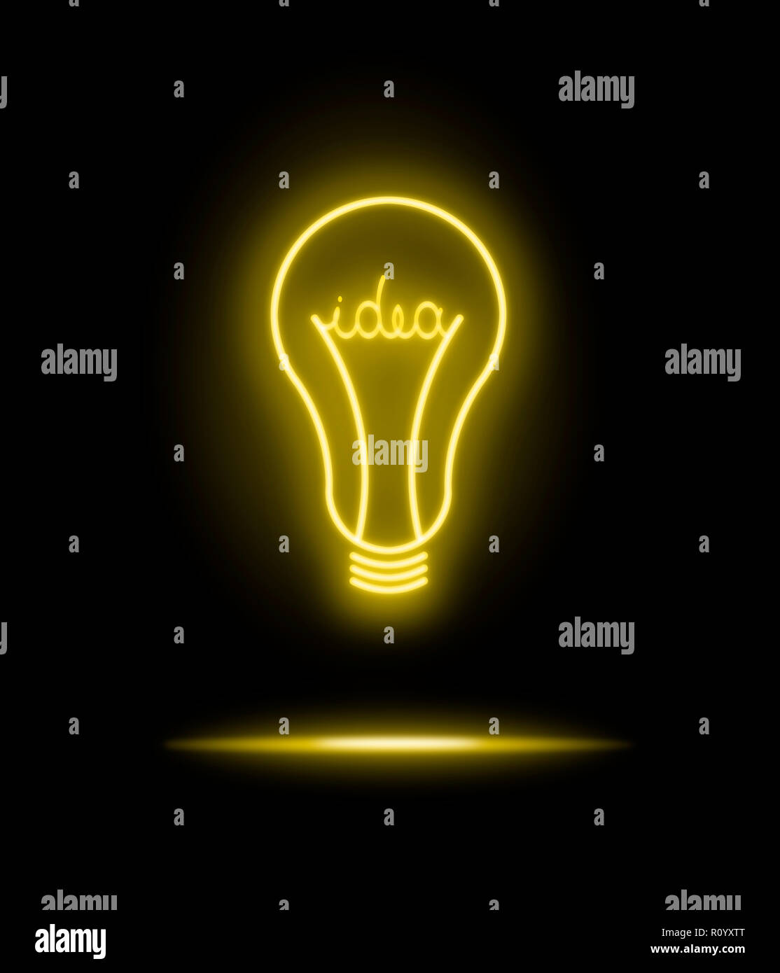 Glowing yellow neon electric light bulb symbol with the word idea, against black background Stock Photo