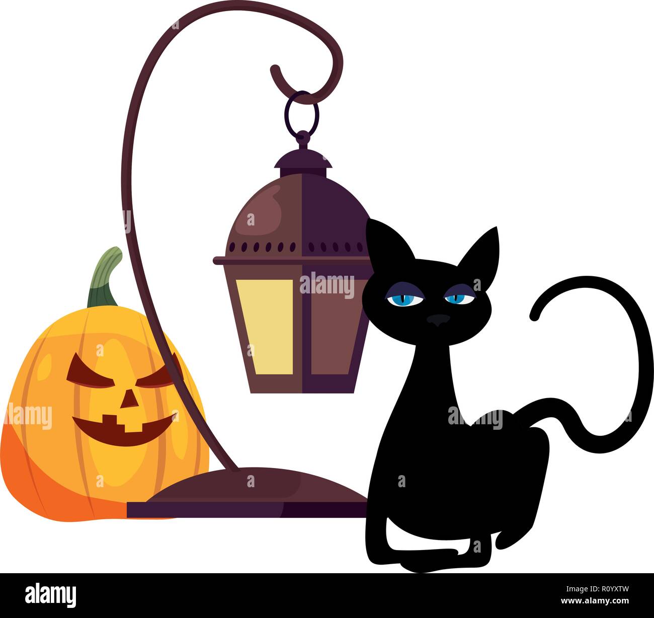 halloween pumpkin cat and lantern party vector illustration Stock ...