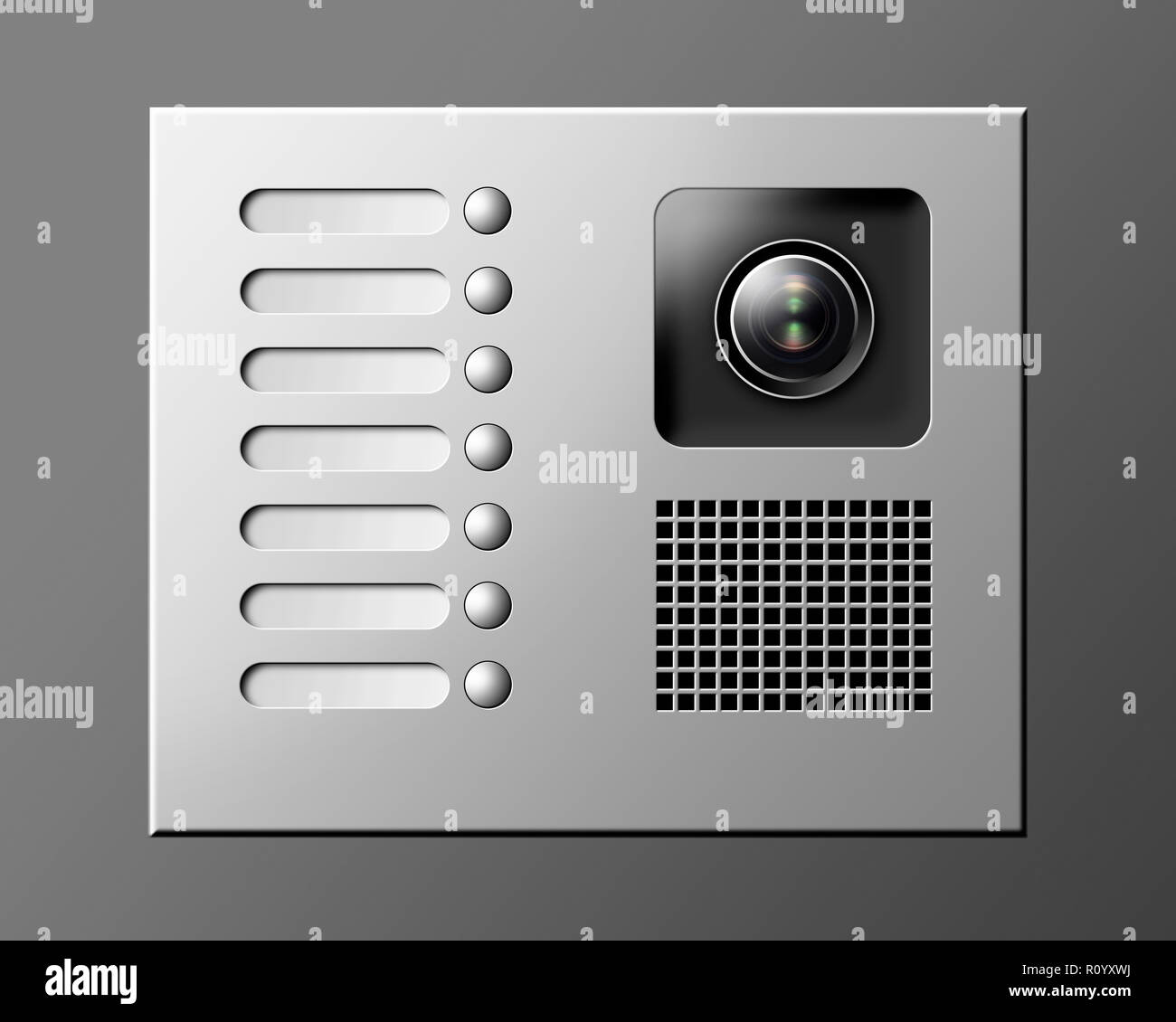 Doorbell panel with intercom system and security camera against grey background Stock Photo