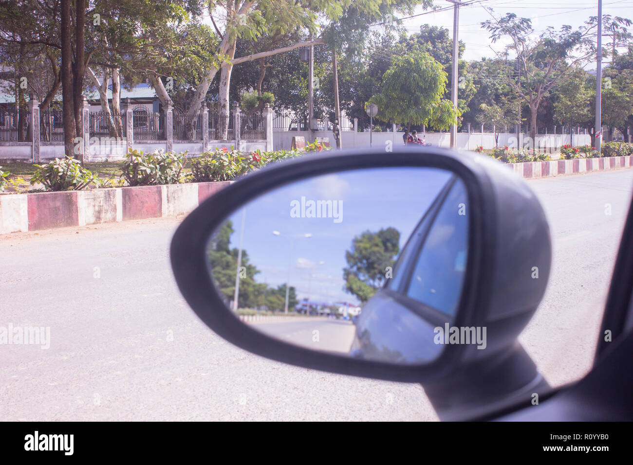 mirror, car, side, view, road, rear, nature, sky, highway, sunset, reflection, auto, drive, wing, travel, window, blue, sun, vehicle, automobile, tran Stock Photo